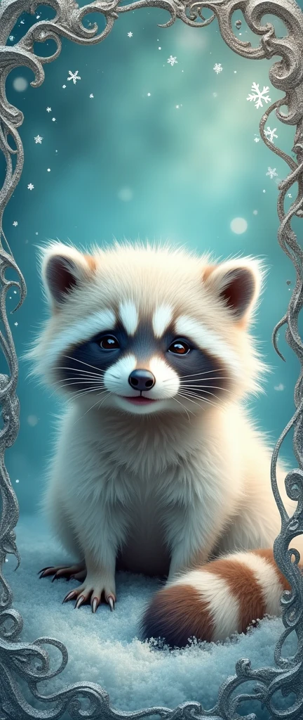 A photo of a cute, extra fluffy baby raccoon with white hair, closed eyes, and a sweet smile. The raccoon is lying down and is surrounded by a thick swirly silver frame. There is an ink splash near the raccoon. The background is a turquoise background with glitter and has snowflakes. The overall image is framed by a thick swirly silver frame.
