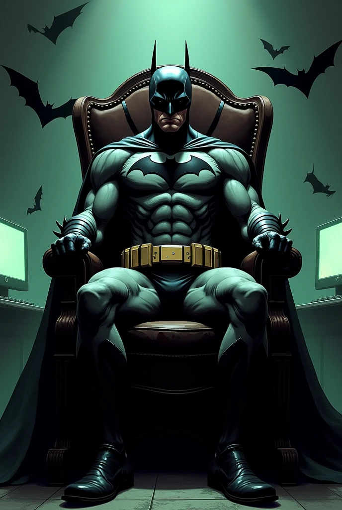 A dark, dramatic, and highly detailed 4K comic book-style illustration featuring Batman as the central subject, presented in a stylized hyperrealism style. Batman sits on a throne-like chair, exuding a stern and determined expression, with an anatomically correct and masterfully rendered physique. His classic black and grey costume is meticulously detailed, with a prominent bat symbol on his chest and a utility belt around his waist. The shadowy and atmospheric background features bats flying around and dimly lit computer screens emitting a greenish glow, all rendered in exquisite high-quality detail. The overall color palette is dark, with shades of black, grey, and muted greens, enhancing the mysterious and intense mood of the scene. In the bottom-right corner, the artist's signature 'IG' is subtly yet proudly displayed, blending seamlessly into the dark tones of the illustration.