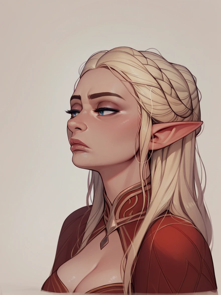 score_9, score_8_up,score_7_up, score_6_up, score_5_up, score_4_up, woman, best quality, highres, portrait, solo, beautiful, makeup, soft lips, daenerys (bored), large cleavage, beautiful red dress, (((simple background))), thin elf ears, head up