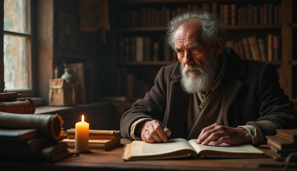 5. A portrait of a philosopher in a dimly lit study, surrounded by scrolls and ancient texts, deep in thought, representing the intellectual origins of revolutionary mentality.
