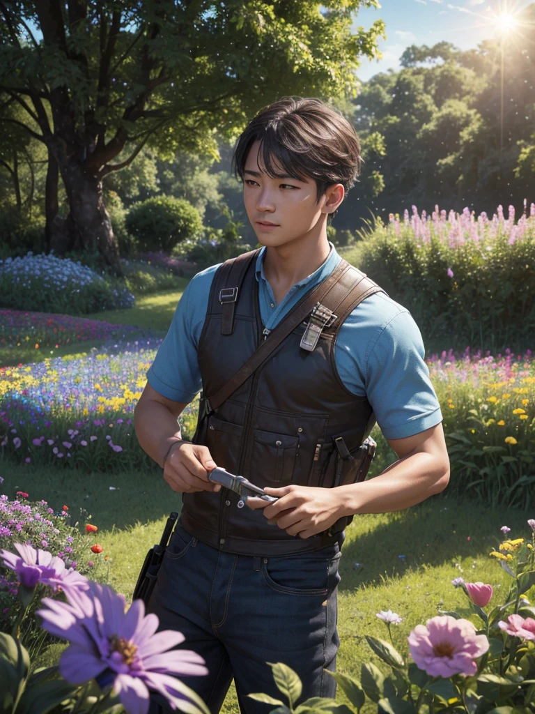 a lad plucking flowers in a field of flowers near jungle,boy, bright blue sky, smooth sun, happy, village life, peaceful environment, detailed, complete, defined, (best quality,4k,8k,highres,masterpiece:1.2),ultra-detailed,(realistic,photorealistic,photo-realistic:1.37),HDR,UHD,studio lighting,ultra-fine painting,sharp focus,physically-based rendering,extreme detail description,professional,vivid colors,bokeh,landscape