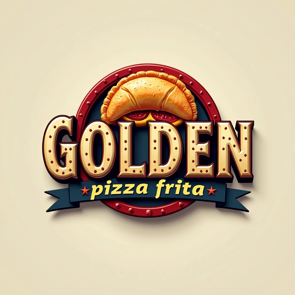 Create a logo image for a restaurant called “Golden” that will be highlighted, with the text “pizza frita” semi-highlighted and “delivery” below. The logo should incorporate  a calzone. Use bold, industrial-style fonts for the business name “Golden” to convey strength and durability. Include a color palette that reflects a delivery restaurant, with metallic hues like red and orange accented by a vibrant, contrasting color like black or blue to represent heat and intensity of flavor. The design should be clean, modern, and professional, suitable for branding on various materials, such as business cards, signage, and company vehicles., 3D rendering. the background should be neutral