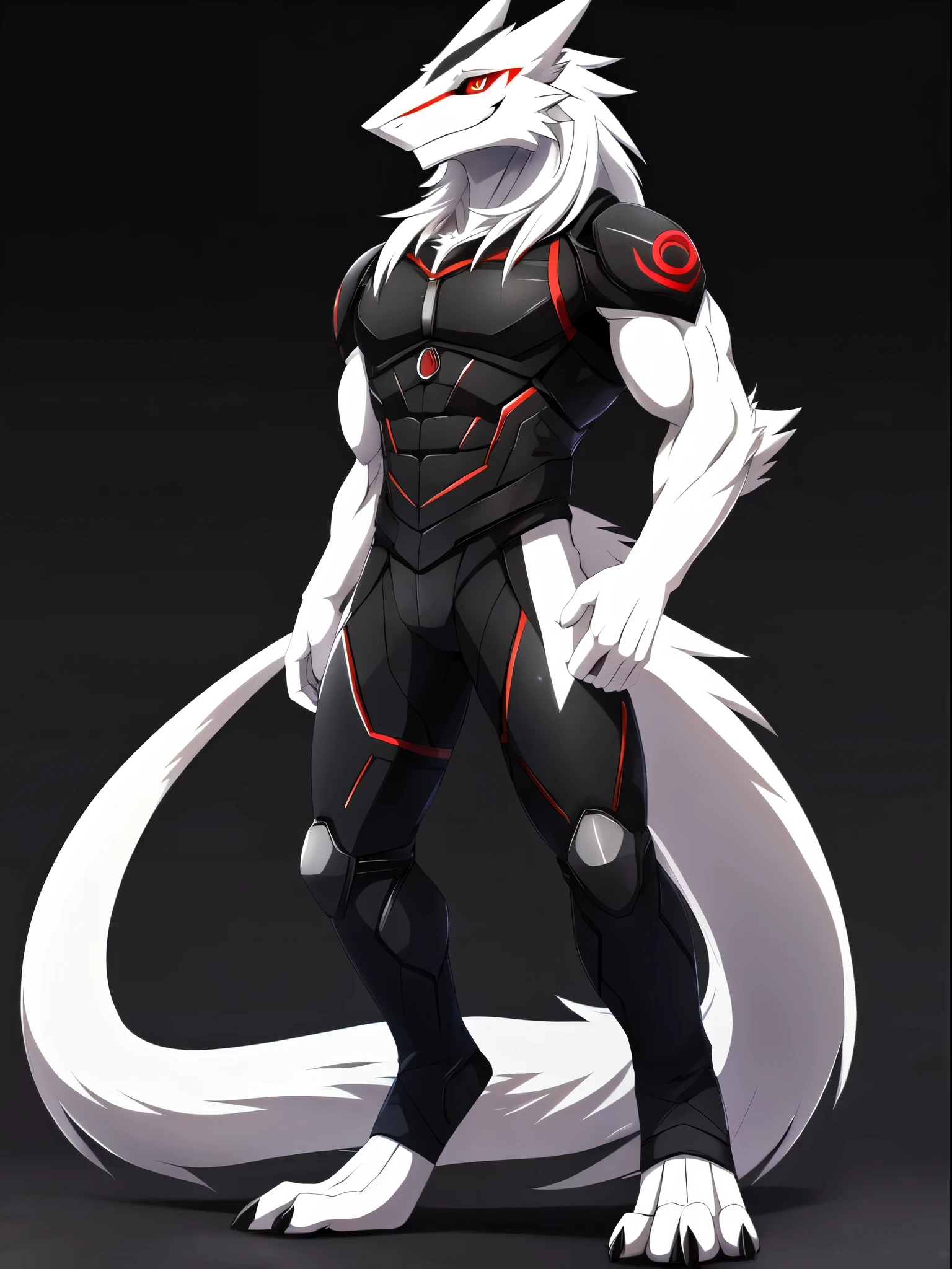 1 Sergal, (best quality, upper half, anime style:1.2), Male, (pure white fur, red eye, slit eye, black marking around eyes)  dark background, muscular, wearing special black combat suit, muscular, perfect tail, black claws, perfect tail, long tail, anime style, 8k, masterpiece, best quality, highres, high details, 16k, long white hair, digitigrade legs, perfect hands,  