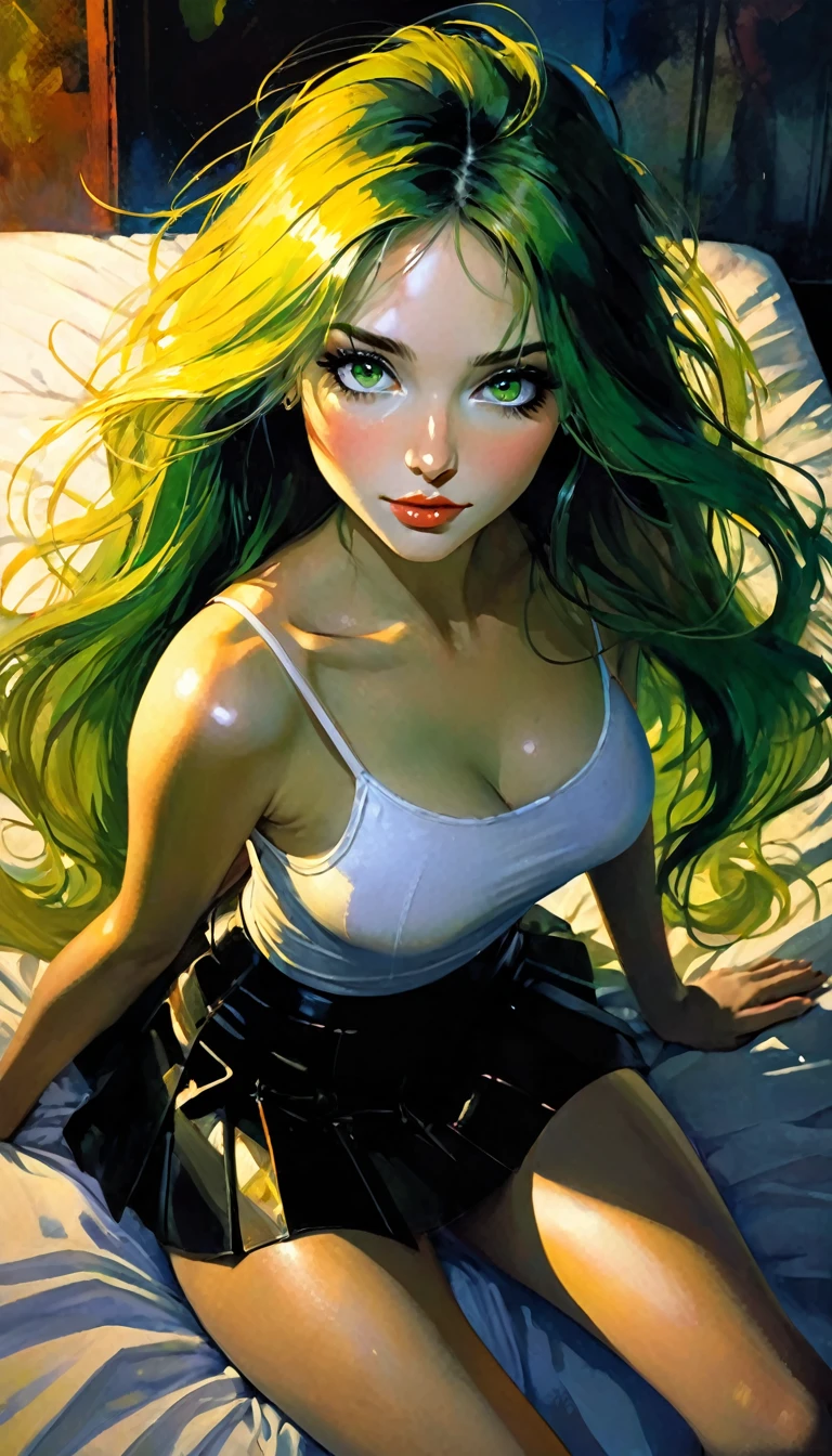 ((masterpiece)), ((best quality)), (ultra detailed), ((extremely detailed)), 4K, (8K), best quality, (beautiful), realistic style, in the room, on the bed, a cute girl, 1 girl, alone, miniskirt, beautiful long multicolored hair, beautiful green eyes, ((beautiful eyes)), long hair, light smile, blush, lens flare, from above, selfie, night, eroticism, sexy, black and white image, between shadows, oil painting, chiaroscuro, sensual, dramatic lighting, moody atmosphere, photorealistic, intricate details, masterpiece, ultra detailed, high quality, 8k, best quality, realistic, cinematic, dark and brooding , expressionist, powerful composition, emotional impact, art inspired by Bill Sienkiewicz and Dave McKean.
