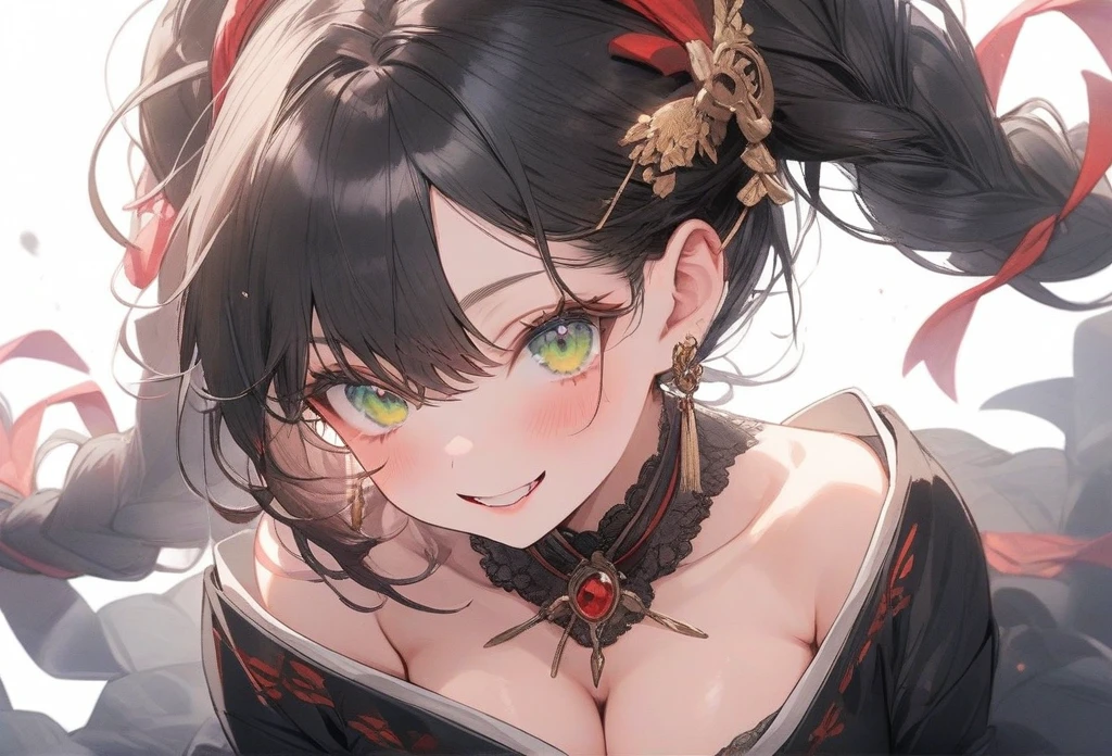 ((masterpiece)), ((best quality)), (ultra-detailed), illustration, a cute girl, {{1girl}}, {{solo}}, ((beautiful eyes)), ((silk:1.3)),corruption, masterpiece,(best quality:1.2), black hair,impossible breasts,shiny-glistening skin, gleaming skin,satoukuuki, solo, cleavage, ,satoukuuki,Erika /(pokemon/), green eyes, short black hair, kimono, hakama, red hairband,
