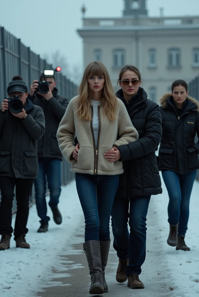 Taylor Swift, She is wearing a fleece jacket, with dark blue jeans , UGG-Boots She gets out of the prisoner transport with handcuffs behind the back, A Russian policewoman helps her and looks sternly Day, snow, Barrier, Press photographers stand around and take photos , in the background an old penal realistisch 