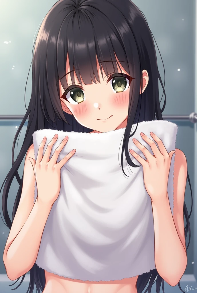 Mischievous smile of black haired woman covering her nudes with a towel anime