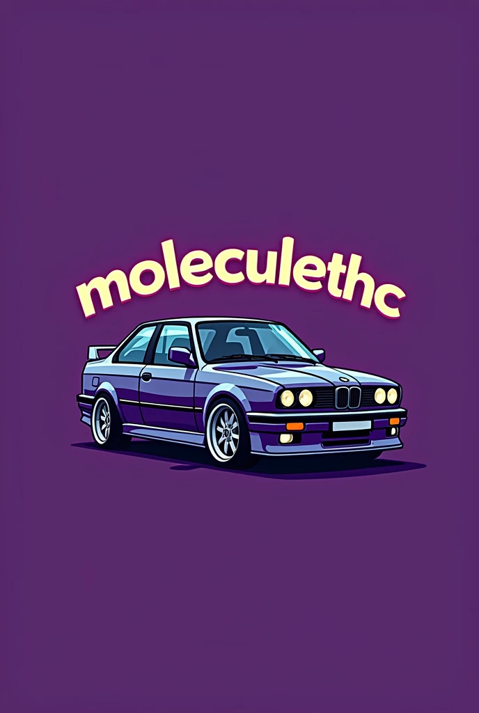 Le logo rond présente une vue de profil d’une BMW E34 au centre, avec le texte “MoleculeTHC” écrit au-dessus et “Bartoch Modding” écrit en dessous. Le fond du logo est dans une couleur violet foncé. L’E34 au centre est représentée dans un style de dessin cartoon pour garder l’accent sur le texte.