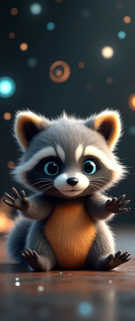 A 3D-rendered animated character of a cute, extra fluffy baby realistic raccoon. The raccoon has a predominantly gray and orange color scheme, with large, round, and expressive blue eyes. It sits in a relaxed pose with its arms and legs spread out. The background is dark, with floating geometric shapes and particles, giving it a futuristic or cosmic ambiance. The overall mood of the image is playful and whimsical, with a touch of mystery due to the floating elements.