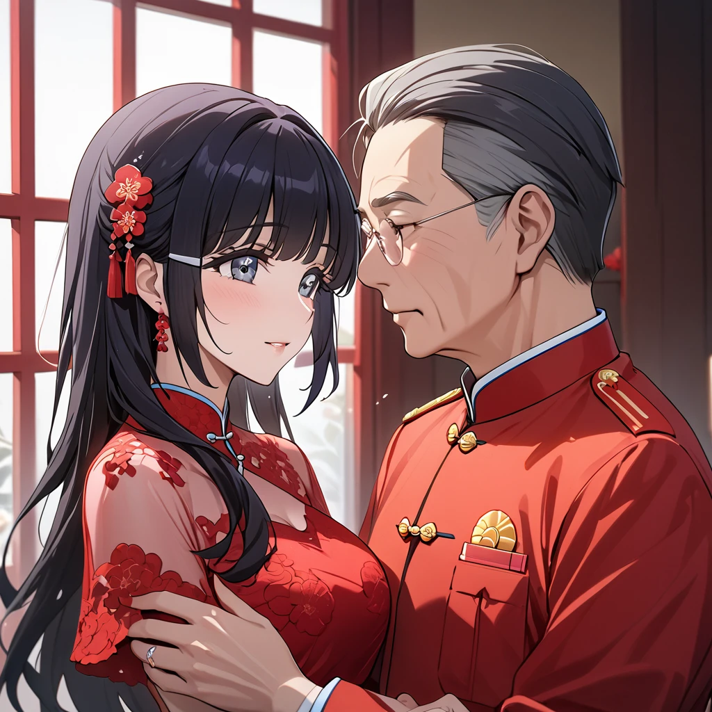 ((Highest quality)), ((masterpiece)), (detailed), (Perfect Face)、The woman is Aoki Reika, with medium-long hair, wearing a red Chinese wedding dress and an engagement ring.、The woman marries a middle-aged man who is a member of the Chinese Communist Party, becomes his wife, and becomes Chinese.