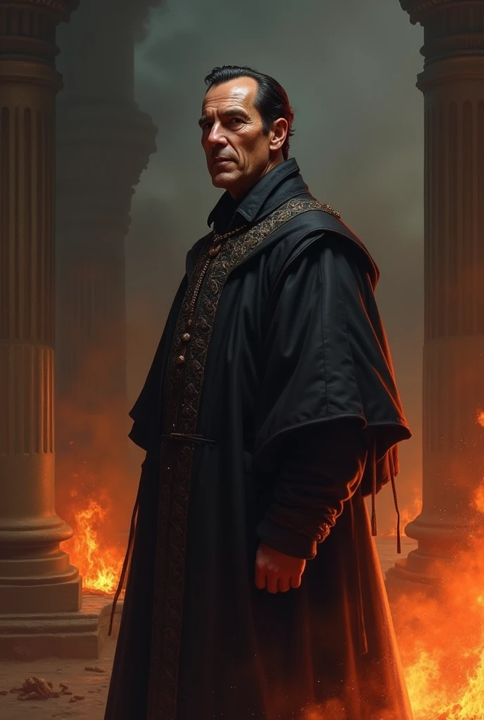 Niccolò Machiavelli in the right corner with a Machiavellian smile, background on fire