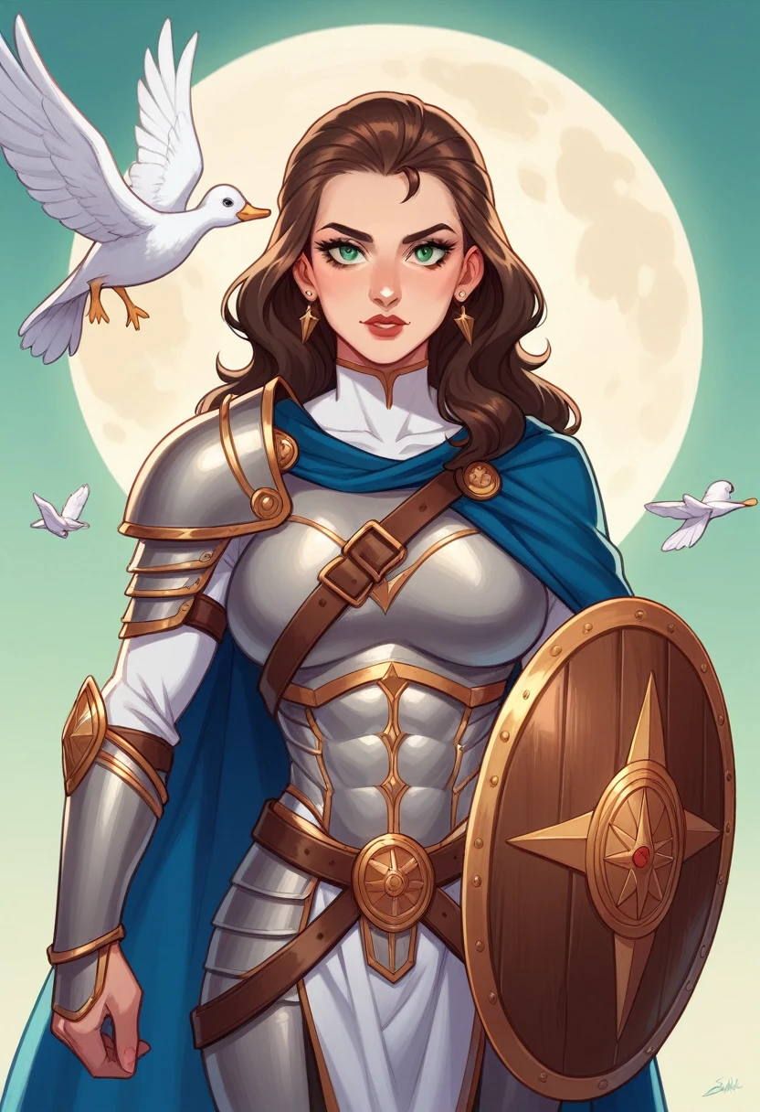 Calista Moon, an athletic woman with dark brown hair and captivating hazel green eyes. She is depicted in a powerful and confident stance, showcasing her combat and magical skills. Calista wears a silver armor with accents of gold and blue,she wears a blue cape, athletic, sirious,complementing her formidable presence. She holds a shield bearing the emblem of a swan and wields a sublime claymore. Comics realistic