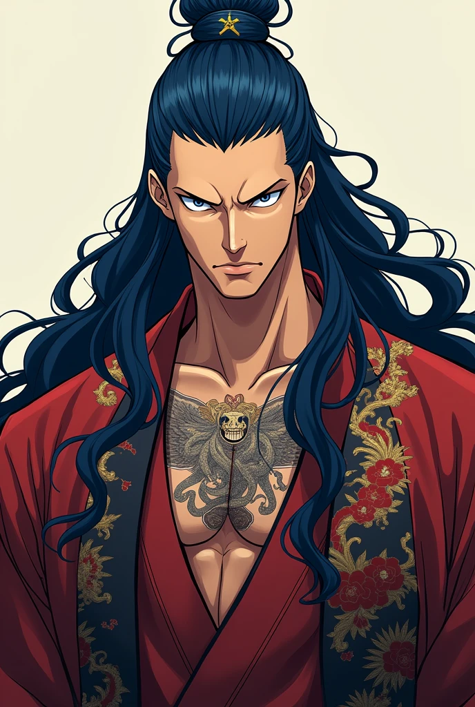 A man in full body, with the drawing style of ONE PIECE, that has long dark blue hair, elegant hairstyle, black chinese culture clothing style and gray eyes. Dear bad mood from. And with a tattoo of a snake on the neck 