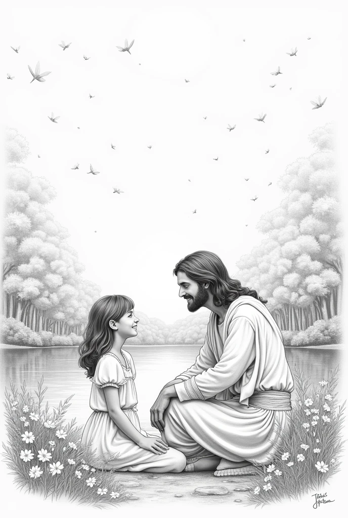 Can you visualize an image for a job?, of the movie "miracles from heaven" and the girl in front of the sky full of flowers and a lake surrounded by trees.
She was sitting in front of the lake and Jesus was at her side looking at her with a smile and caressing her head..

Pencil and paper drawing style, sin color. 

