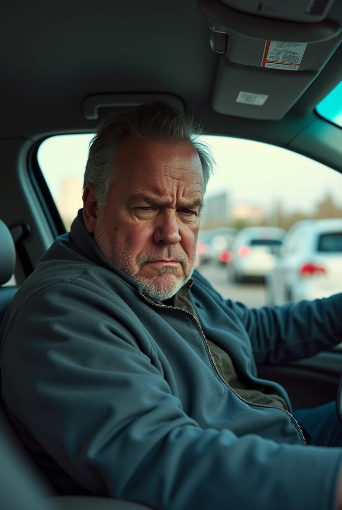 realistic photo 
man who looks like Tim Walz in car driving
man is stuck in traffic 
man is sweating profusely 
man looks in pain
