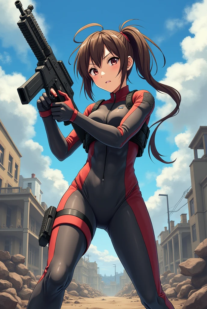 An anime girl with a gun and a war scenario