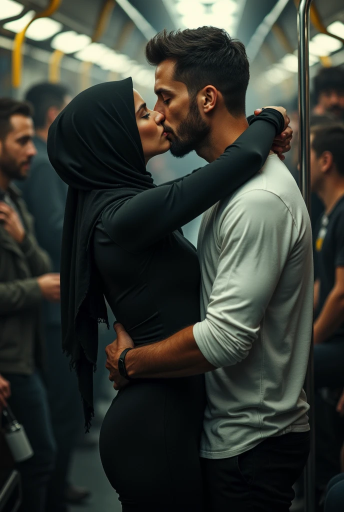 Black headscarf on a very crowded bus, white long sleeve t shirt, Sexy woman in black tracksuit kissing a man.