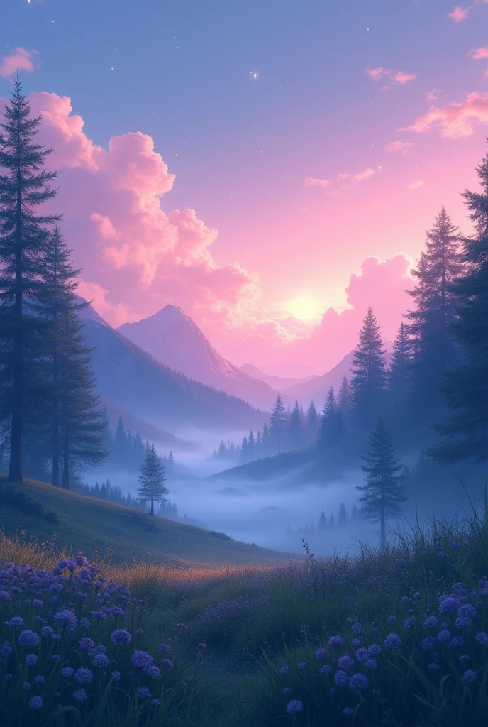 Viral anime nature wallpaper in 4K quality, in the style of photography with a 35mm lens inspired by Mamoru Hosoda, capturing a tranquil mountain meadow at dawn, the sky a gradient of pink and purple, and a gentle mist rising from the ground; cool and serene color temperature, cosmos lighting with stars twinkling in the sky, no human characters, the atmosphere is peaceful and serene --v 5 --stylize 1000