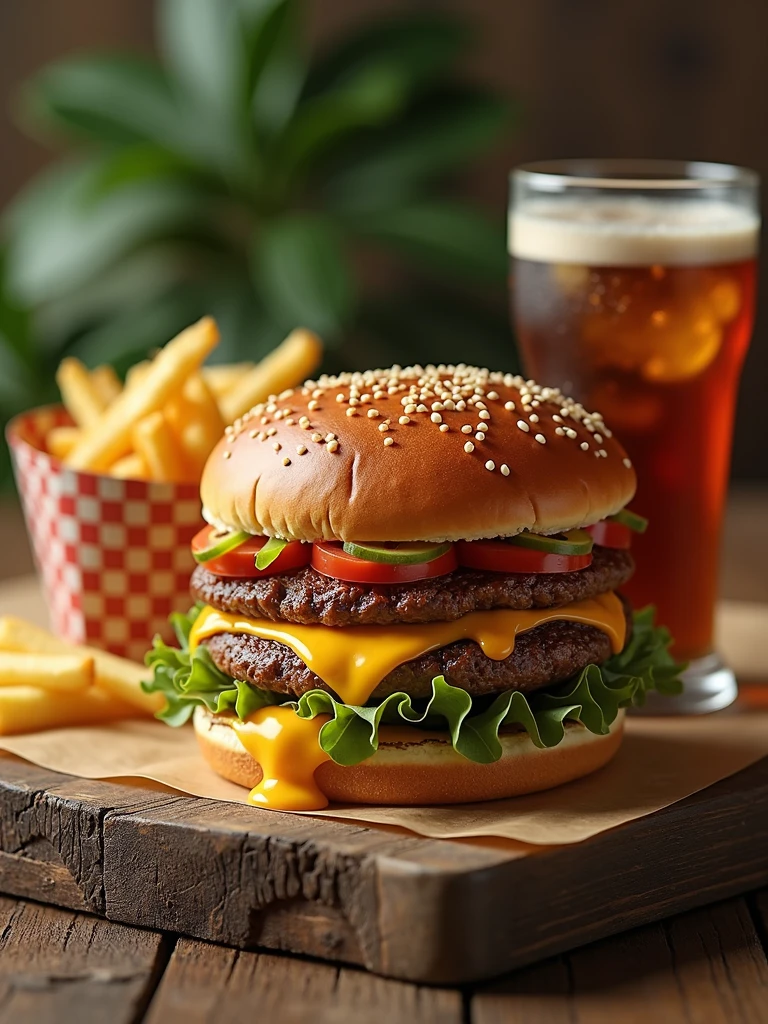 burger, soda and fries combo with cheddar on the table