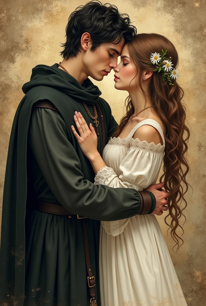 A young medieval European monk with dark hair and black eyes in love and hugging a young druid dressed in white and with flowers in her hair, whose color is brown, a little blonde. Each person's features do not have to be perfect and defined.. Make it look like a medieval mosaic or a drawing from a codex
