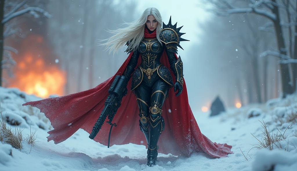a beautiful woman with long platinum blonde hair, porcelain skin, ice blue eyes, sexy sisters of battle from the warhammer 40k, shooting at the enemy, black space marine armor with intricate details, red long flowing cloak, religous symbols on the armor, sisters of battle, warhammer 40k, Massive silicone breast, pale skin, seductive, temptation, eat your soul, clevage, , standing in a magical winter wonderland with snow-covered trees and frozen lakes, intricate ice crystals and snowflakes surrounding her, (best quality,4k,8k,highres,masterpiece:1.2),ultra-detailed,(realistic,photorealistic,photo-realistic:1.37),fantasy,digital art,cinematic lighting, highly detailed armor, intricate futuristic weaponry, gritty and realistic, mecha, science fiction, hyper-detailed, photorealistic, award winning digital art, 8k, HDR, masters work, in the middle of a battle field, full body combat action pose, explosions and fire around, full war, charging, running forward, attacking, stunning, Stilleto heels, high heels, full body pose, cinematic, dust and debree, combat screams, attacking, shooting at the enemy, sisters of battle, warhammer 40kdramatic color palette,frozen landscape,ice powers,snow queen