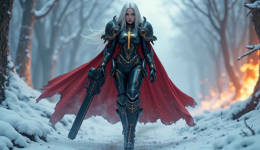 a beautiful woman with long platinum blonde hair, porcelain skin, ice blue eyes, sexy sisters of battle from the warhammer 40k, shooting at the enemy, black space marine armor with intricate details, red long flowing cloak, religous symbols on the armor, sisters of battle, warhammer 40k, Massive silicone breast, pale skin, seductive, temptation, eat your soul, clevage, , standing in a magical winter wonderland with snow-covered trees and frozen lakes, intricate ice crystals and snowflakes surrounding her, (best quality,4k,8k,highres,masterpiece:1.2),ultra-detailed,(realistic,photorealistic,photo-realistic:1.37),fantasy,digital art,cinematic lighting, highly detailed armor, intricate futuristic weaponry, gritty and realistic, mecha, science fiction, hyper-detailed, photorealistic, award winning digital art, 8k, HDR, masters work, in the middle of a battle field, full body combat action pose, explosions and fire around, full war, charging, running forward, attacking, stunning, Stilleto heels, high heels, full body pose, cinematic, dust and debree, combat screams, attacking, shooting at the enemy, sisters of battle, warhammer 40kdramatic color palette,frozen landscape,ice powers,snow queen
