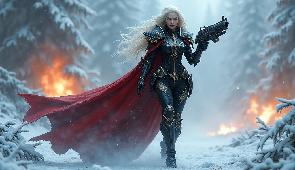a beautiful woman with long platinum blonde hair, porcelain skin, ice blue eyes, sexy sisters of battle from the warhammer 40k, shooting at the enemy, black space marine armor with intricate details, red long flowing cloak, religous symbols on the armor, sisters of battle, warhammer 40k, Massive silicone breast, pale skin, seductive, temptation, eat your soul, clevage, , standing in a magical winter wonderland with snow-covered trees and frozen lakes, intricate ice crystals and snowflakes surrounding her, (best quality,4k,8k,highres,masterpiece:1.2),ultra-detailed,(realistic,photorealistic,photo-realistic:1.37),fantasy,digital art,cinematic lighting, highly detailed armor, intricate futuristic weaponry, gritty and realistic, mecha, science fiction, hyper-detailed, photorealistic, award winning digital art, 8k, HDR, masters work, in the middle of a battle field, full body combat action pose, explosions and fire around, full war, charging, running forward, attacking, stunning, Stilleto heels, high heels, full body pose, cinematic, dust and debree, combat screams, attacking, shooting at the enemy, sisters of battle, warhammer 40kdramatic color palette,frozen landscape,ice powers,snow queen