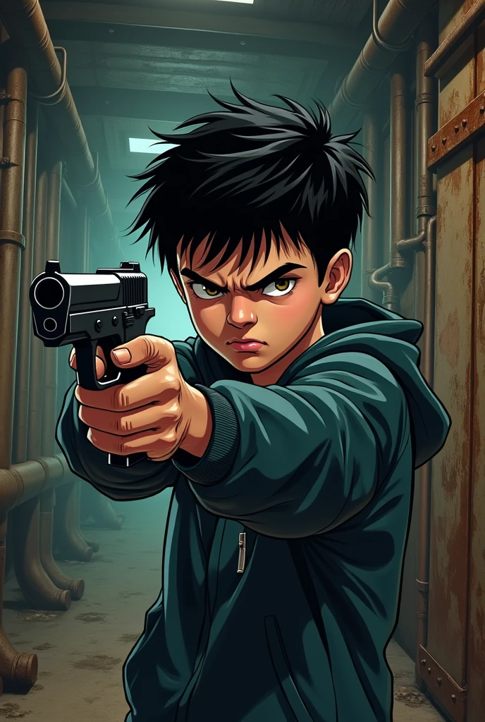 young black haired white teenage boy shooter pointing a semi-automatic pistol to the side with dark industrial comics background