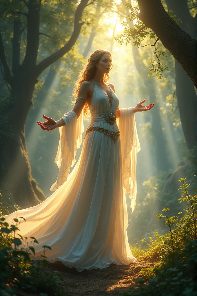 Goddess Artemis, divine figure blessing the warriors, ancient Scythia, ethereal flowing robes, sacred grove with trees and wildlife, empowering the Amazons with strength and nature's connection, close-up, hyper-realistic, photo realism, cinematography --ar 9:16.