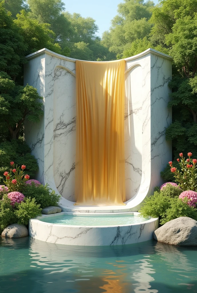 A marble water fall in a garden a golden water in it round shape water fall