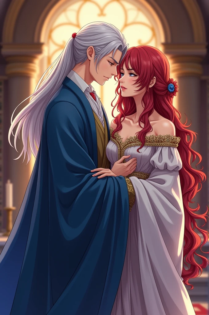 A royal setting background, a handsome male anime character with long white hair dressed in blue robes and an anime female character with cherry red hair standing next to him dressed in historical fiction robes



((Historical Fantasy Romance/Modern world))
((Young Adult))
((Paranormal Romance))
((Royal Court Fantasy))