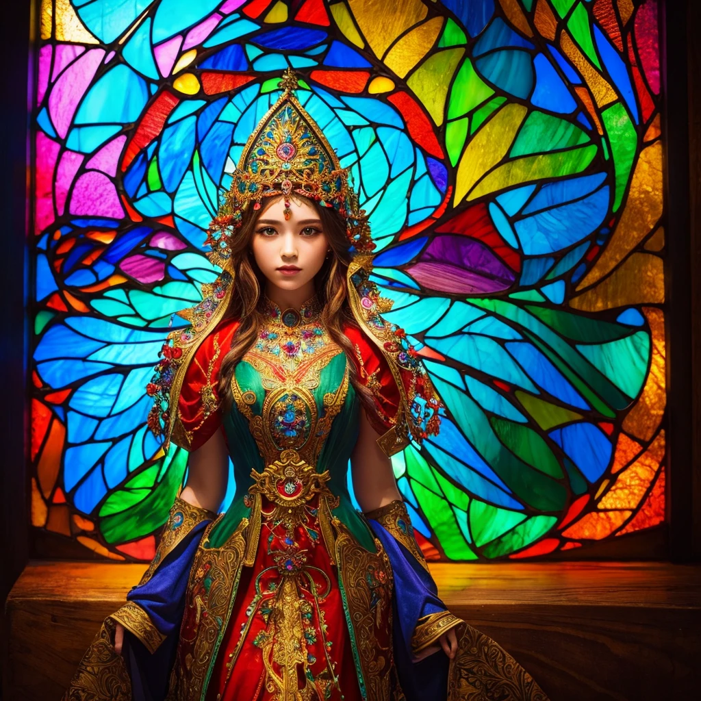 (masterpiece, Highest quality, Highest quality,Official Art, beautifully、aesthetic:1.2),(One girl:1.3), One girl BREAK stained glass art, Colored Glass, Lead wire, Light transmission BREAK Vivid colors, Intricate Design, Glowing effect, Spiritual atmosphere