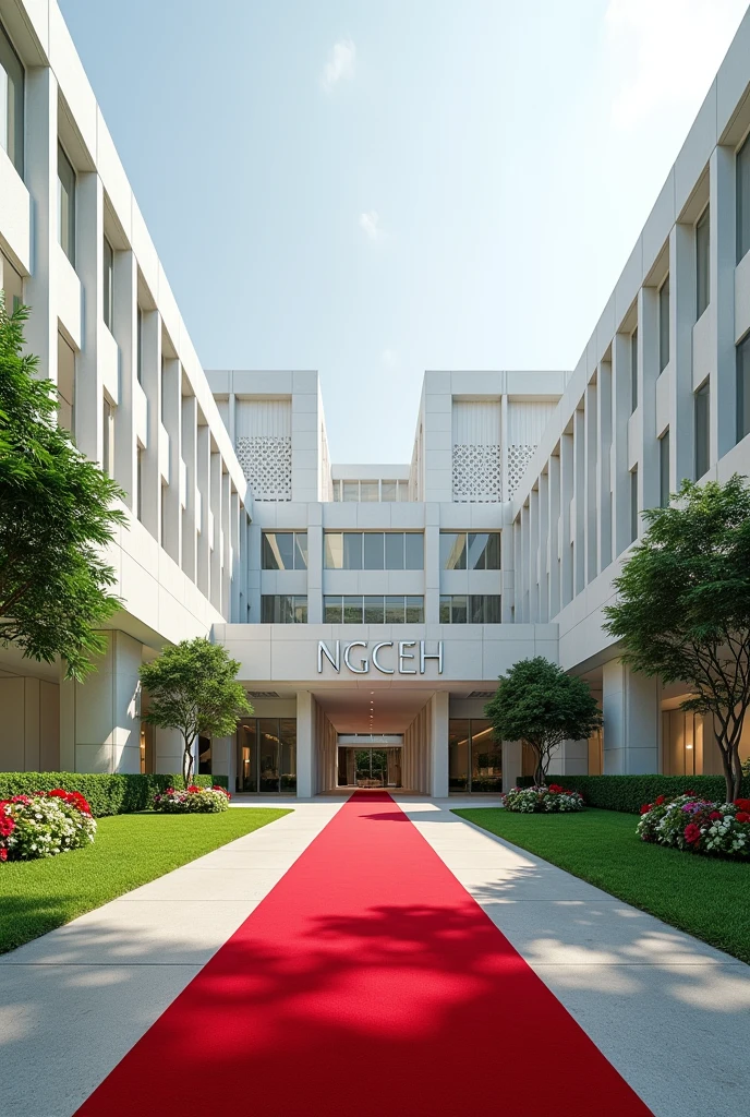 A company headquarters with Singaporean architecture, White in colour large, Grass and flowers altogether with a driveway on the compound ,red carpet at the entrance,NGCEH written on the concrete built on the grass in the compound