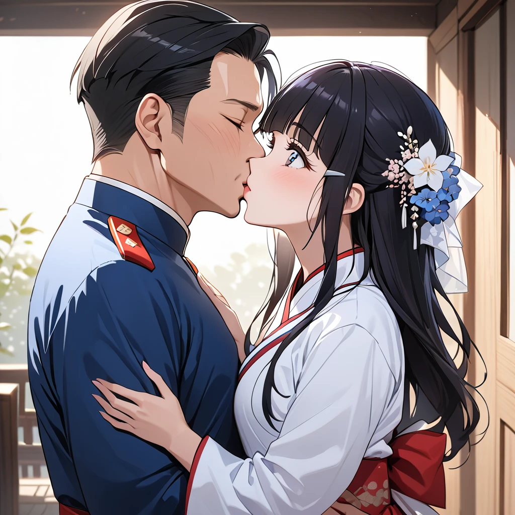 ((Highest quality)), ((masterpiece)), (detailed), （Perfect Face）、The woman is Reika Aoki with semi-long hair、The woman is wearing a North Korean traditional traditional dress and is holding a kiss and vows with a middle-aged North Korean man to get married.