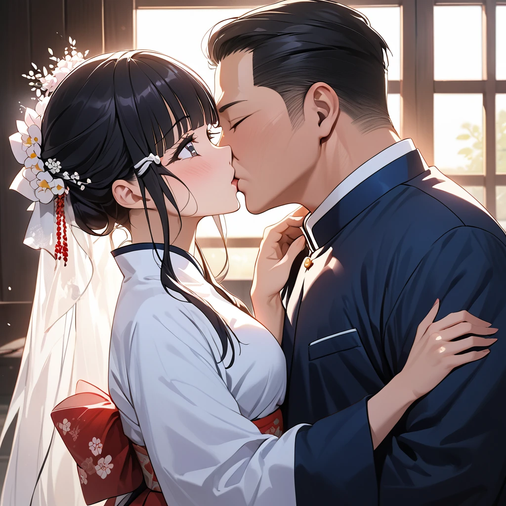((Highest quality)), ((masterpiece)), (detailed), (Perfect Face)、The woman is Reika Aoki with semi-long hair、The woman is wearing a North Korean traditional traditional dress and is holding a kiss and vows with a middle-aged North Korean man to get married.