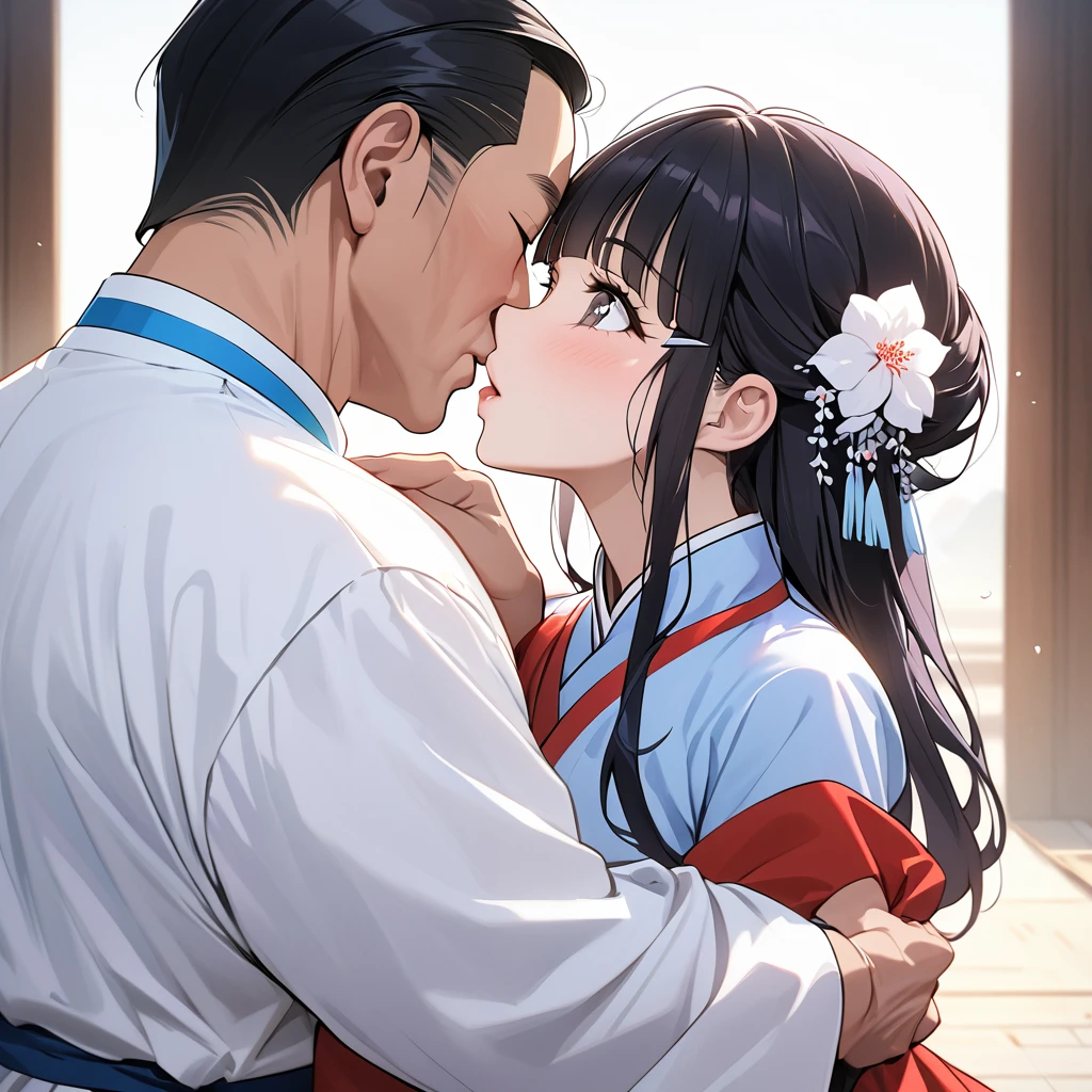 ((Highest quality)), ((masterpiece)), (detailed), (Perfect Face)、The woman is Reika Aoki with semi-long hair、The woman is wearing a North Korean traditional traditional dress and is holding a kiss and vows with a middle-aged North Korean man to get married.
