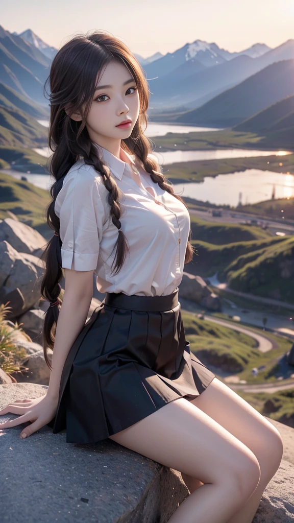 ulzzang-6500-v1.1, (RAW photo: 1.2), (Real photo), (Real photo: 1.4), 1 girl、Perfect anatomy、1、Looking at the camera、Medium length hair、side braids,  Uniform sexy skirt, watching the sunset, ((in the mountains: 1.1))、(Business service)、Asian eyes Ella,