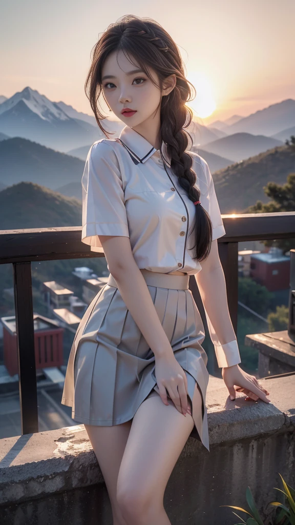 ulzzang-6500-v1.1, (RAW photo: 1.2), (Real photo), (Real photo: 1.4), 1 girl、Perfect anatomy、1、Looking at the camera、Medium length hair、side braids, Uniform sexy skirt, watching the sunset, ((in the mountains: 1.1))、(Business service)、Asian eyes Ella,