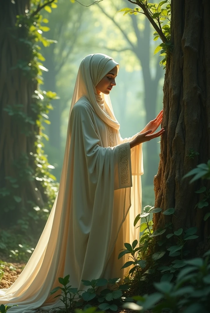 A female elf with full hijab touching the trees