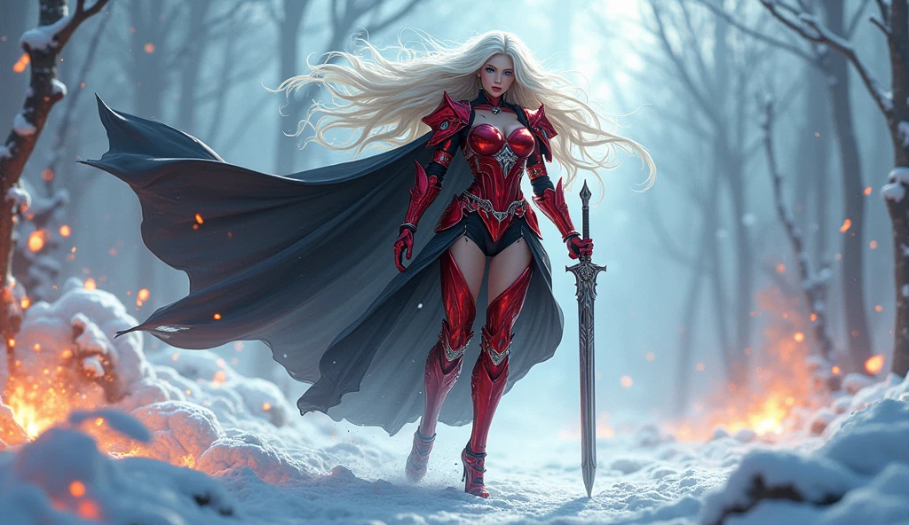 a beautiful woman with long platinum blonde hair, porcelain skin, ice blue eyes, sexy sisters of battle from the warhammer 40k, shooting at the enemy, red space marine armor with intricate details, black long flowing cloak, religous symbols on the armor, sisters of battle, warhammer 40k, Massive silicone breast, pale skin, seductive, temptation, eat your soul, clevage, , standing in a magical winter wonderland with snow-covered trees and frozen lakes, intricate ice crystals and snowflakes surrounding her, (best quality,4k,8k,highres,masterpiece:1.2),ultra-detailed,(realistic,photorealistic,photo-realistic:1.37),fantasy,digital art,cinematic lighting, highly detailed armor, intricate futuristic weaponry, gritty and realistic, mecha, science fiction, hyper-detailed, photorealistic, award winning digital art, 8k, HDR, masters work, in the middle of a battle field, full body combat action pose, explosions and fire around, full war, charging, running forward, attacking, stunning, Stilleto heels, high heels, full body pose, cinematic, dust and debree, combat screams, attacking, shooting at the enemy, sisters of battle, warhammer 40kdramatic color palette,frozen landscape,ice powers,snow queen