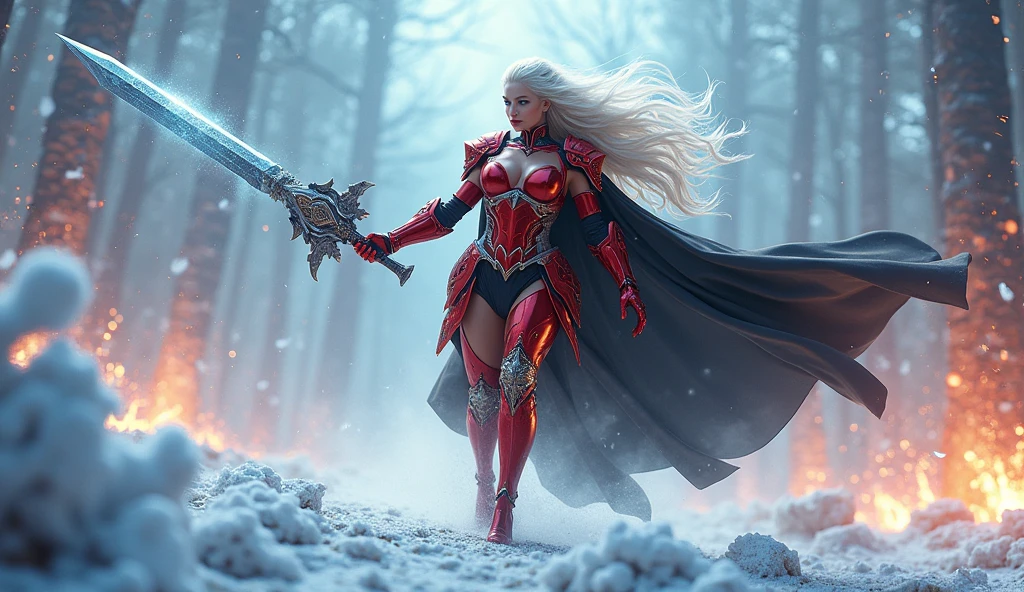 a beautiful woman with long platinum blonde hair, porcelain skin, ice blue eyes, sexy sisters of battle from the warhammer 40k, shooting at the enemy, red space marine armor with intricate details, black long flowing cloak, religous symbols on the armor, sisters of battle, warhammer 40k, Massive silicone breast, pale skin, seductive, temptation, eat your soul, clevage, , standing in a magical winter wonderland with snow-covered trees and frozen lakes, intricate ice crystals and snowflakes surrounding her, (best quality,4k,8k,highres,masterpiece:1.2),ultra-detailed,(realistic,photorealistic,photo-realistic:1.37),fantasy,digital art,cinematic lighting, highly detailed armor, intricate futuristic weaponry, gritty and realistic, mecha, science fiction, hyper-detailed, photorealistic, award winning digital art, 8k, HDR, masters work, in the middle of a battle field, full body combat action pose, explosions and fire around, full war, charging, running forward, attacking, stunning, Stilleto heels, high heels, full body pose, cinematic, dust and debree, combat screams, attacking, shooting at the enemy, sisters of battle, warhammer 40kdramatic color palette,frozen landscape,ice powers,snow queen