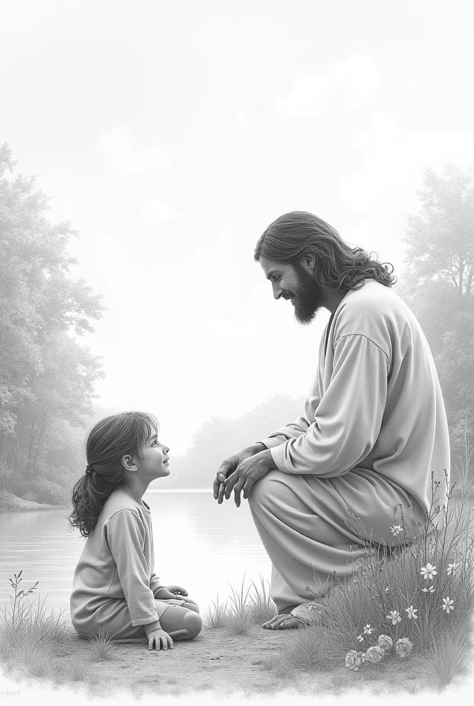 Can you visualize an image for a job?, of the movie "miracles from heaven" and the girl in front of the sky full of flowers and a lake surrounded by trees.
She was sitting in front of the lake and Jesus was at her side looking at her with a smile and caressing her head..
Pencil and paper drawing style, sin color.