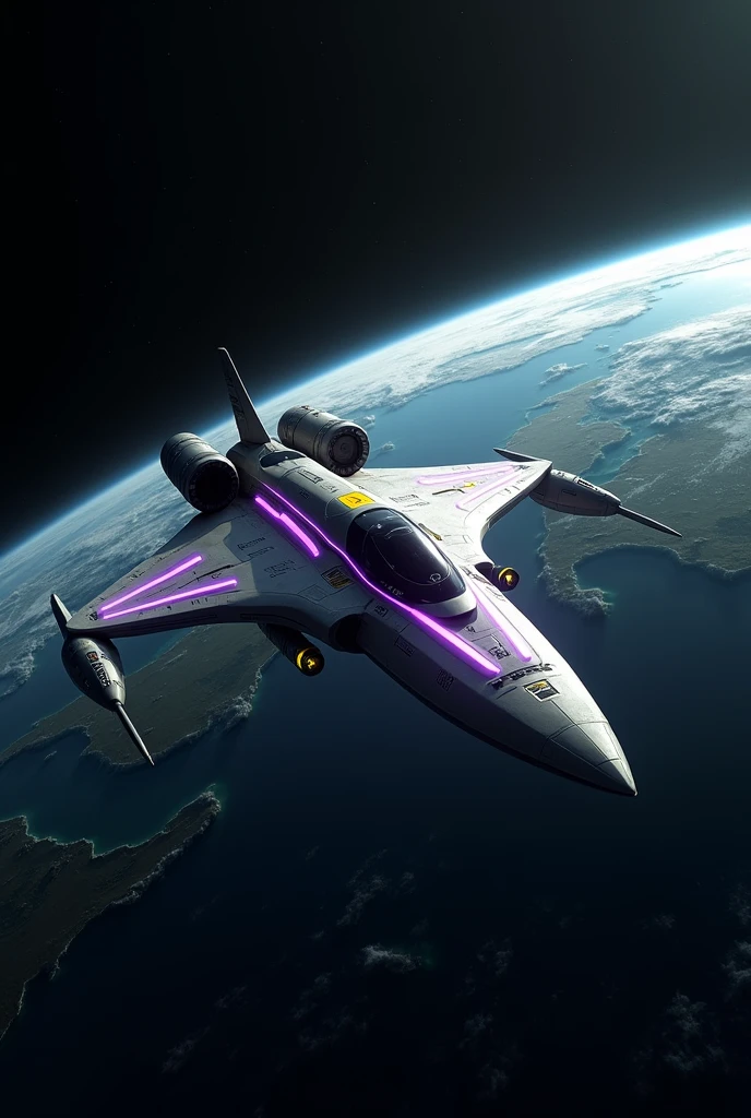 A grey discovery shuttle, with purple lines in the wings and purple cockpit, with a yellow square at one side of it, orbiting earth