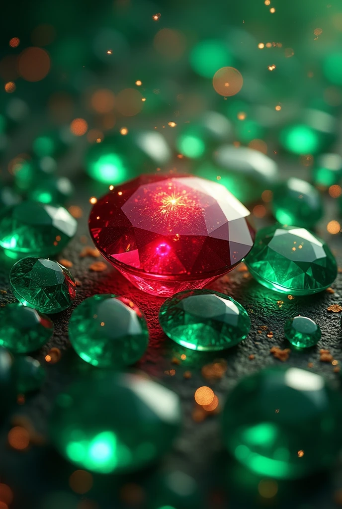 Create an image from precious emeralds, in the center there is one red ruby, inside which sparks of fire dance