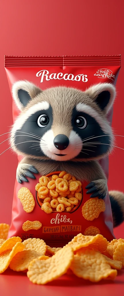 A photo of a packaged snack product titled 'RACOON CHIPS'. The primary color theme is red and white. The packaging prominently features a cute extra fluffy baby realistic raccoon's face, with a few chips displayed at the bottom. There are various textual elements, including 'EN FIL LADE', 'BCKIL', and 'EXTRA HOT'. The packaging also has a small illustration of a raccoon running. The top right corner indicates the product's weight as '280g'.