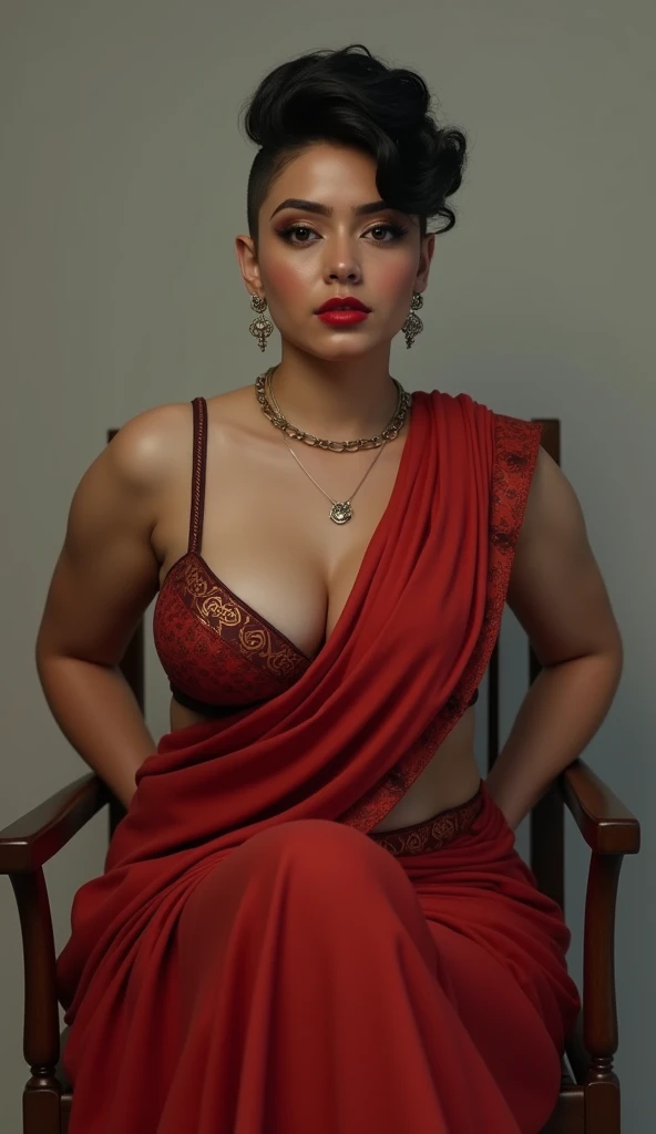 wolf cut hairstyle erotic hindu wife, sitting on chair, full body,  front facing to camera, 8K, super realistic, very huge and sexy breast, super big fake lips red lipstick super delicious chuby body saree bra sexy body 
