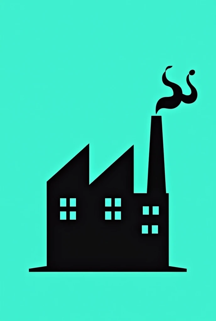 A black icon of a simple factory with 3 roofs and 3 speakers inside the factory representing the windows and the chimney should have a musical score coming out instead of smoke. The background should be solid turquoise..