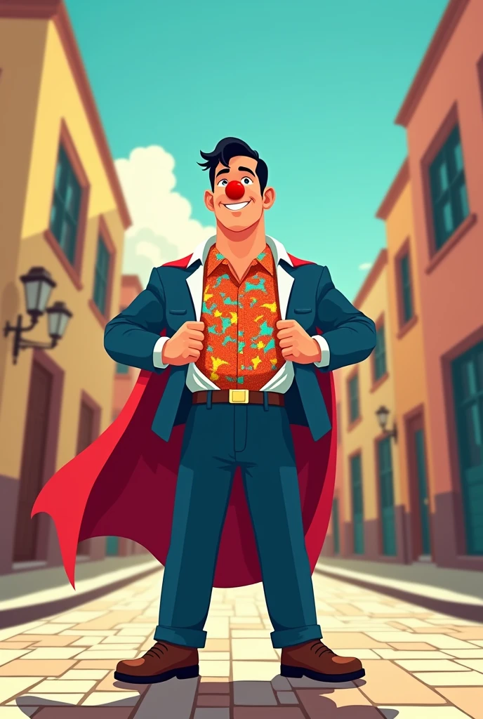 A person standing in a suoerman position with a suit and opening his shirt under a colorful polo shirt when he takes off the suit but with a clown nose Superman style happy that it is in American flat signal type movie style with Cajamarca Peru background