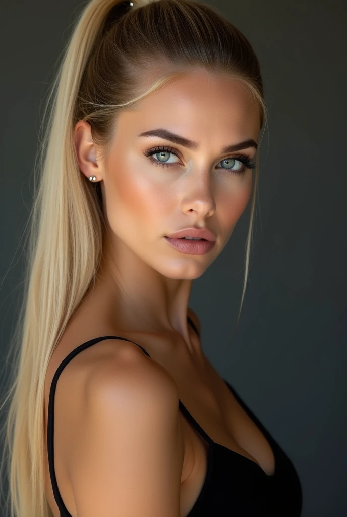 A very realistic and detailed photo of beautiful italian woman wearing black skirt, perfect makeup, long sleek straight ponytail blonde hair, high quality photo 4k, very detailed, perfect fit, looking at the camera, detailed realistic face, detailed eyes, confident