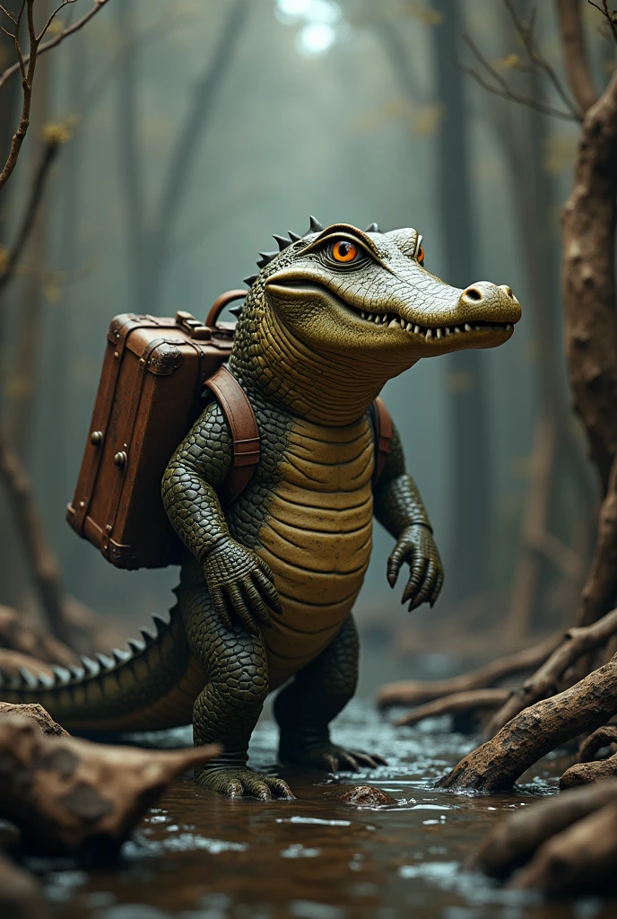 3d brown crocodile with his suitcase on his shoulder in a swamp full of dry logs



